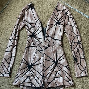 Pink and Black Sequin Deep Plunge Romper— XS